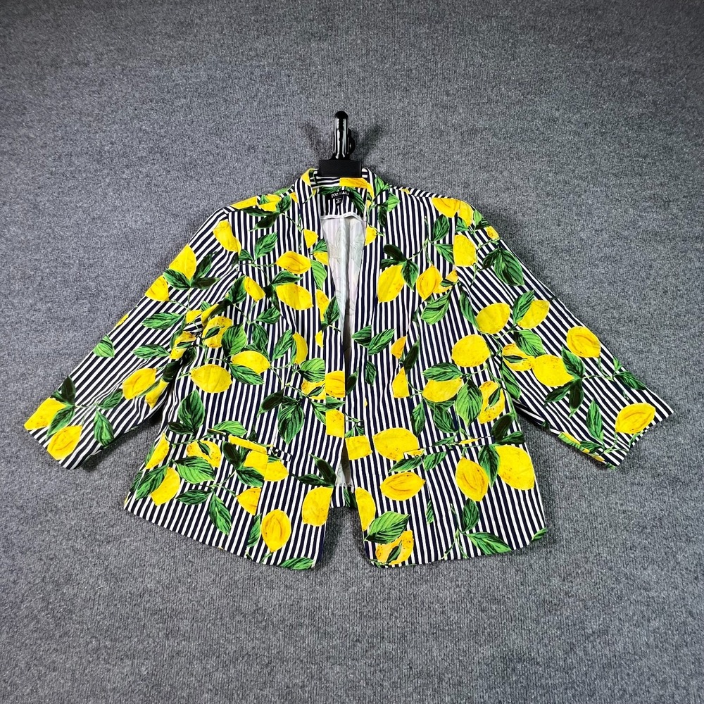 Roz & Ali Blazer Womens 1X Blue Stripe Lemon Print Open Front Stretch Shawl